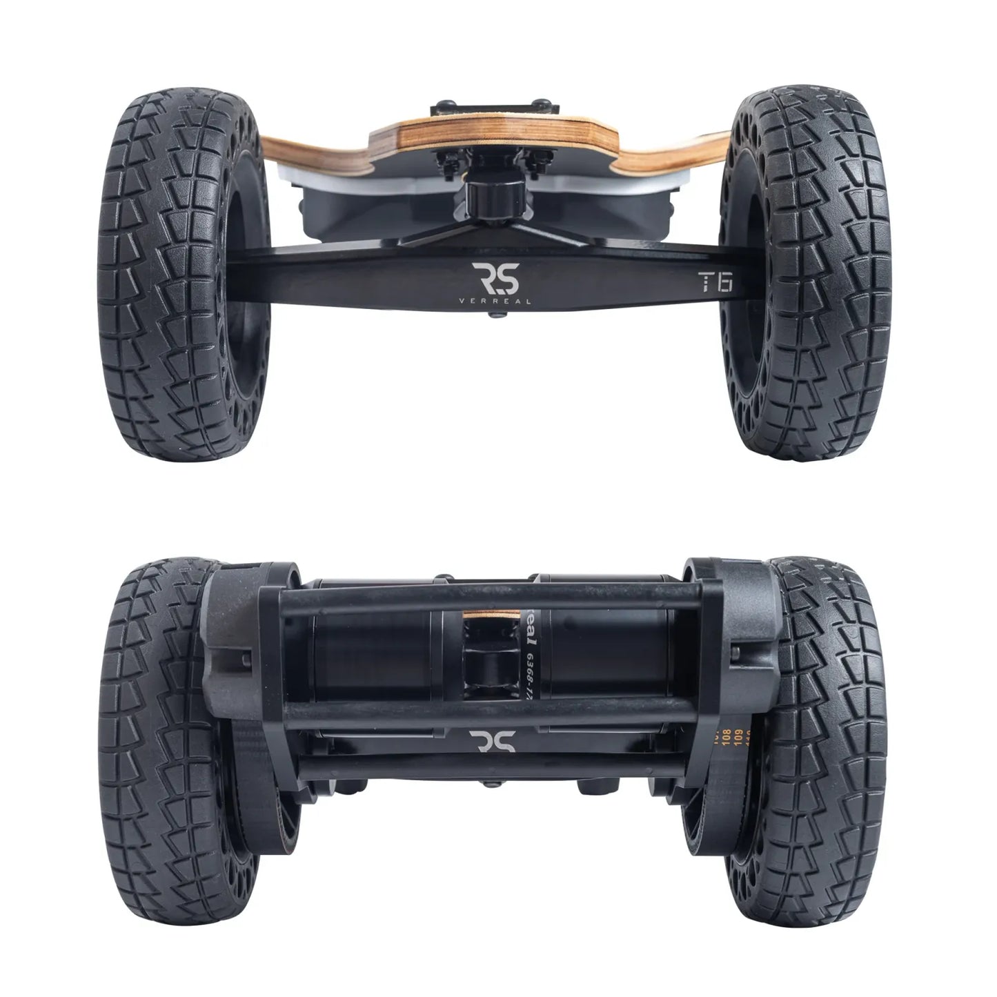 Truck and wheel close-up of an off road electric skateboard featuring 160mm airless wheels that prevent flats and reduce maintenance