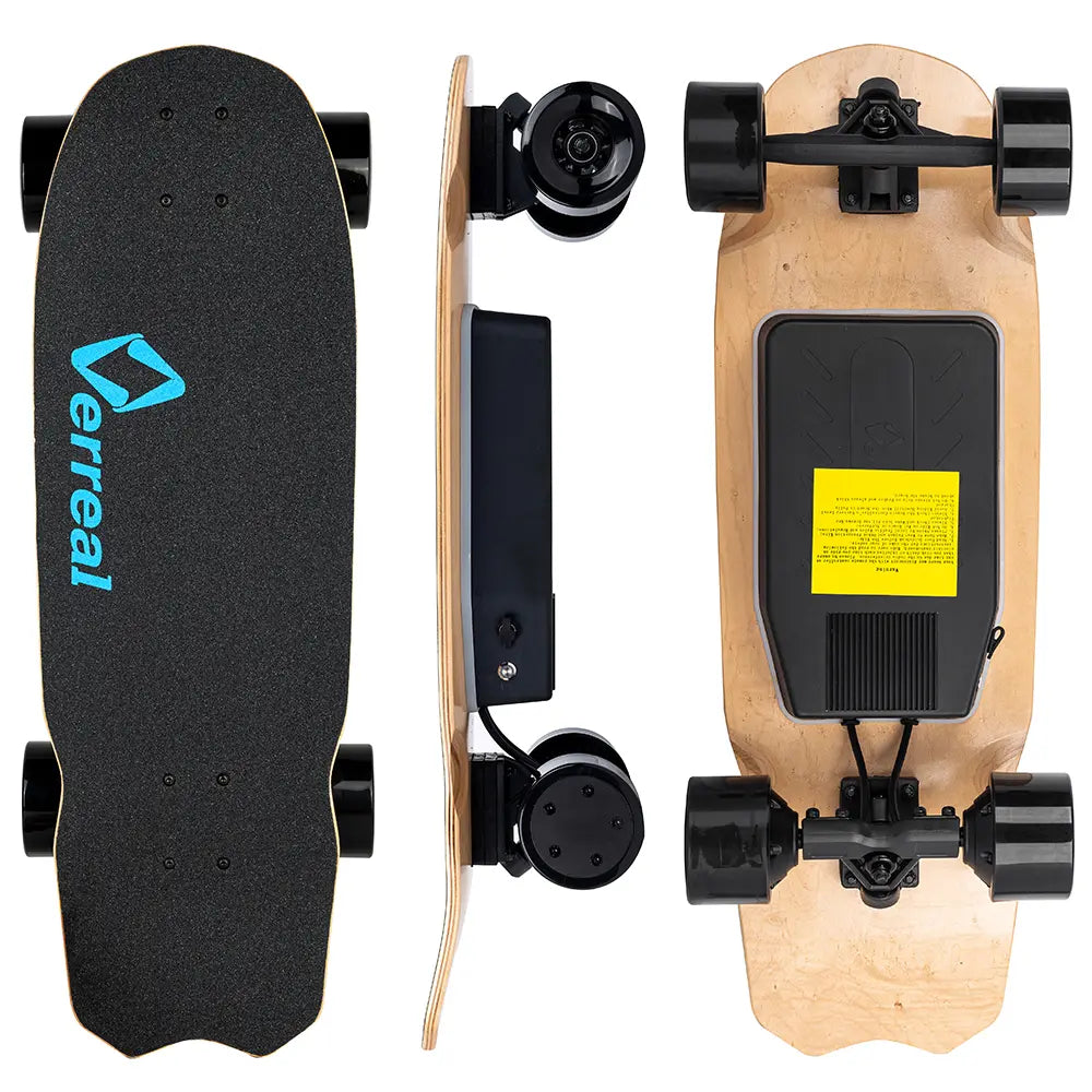 Verreal Mini compact electric skateboard showing top, bottom and side views with its kicktail design