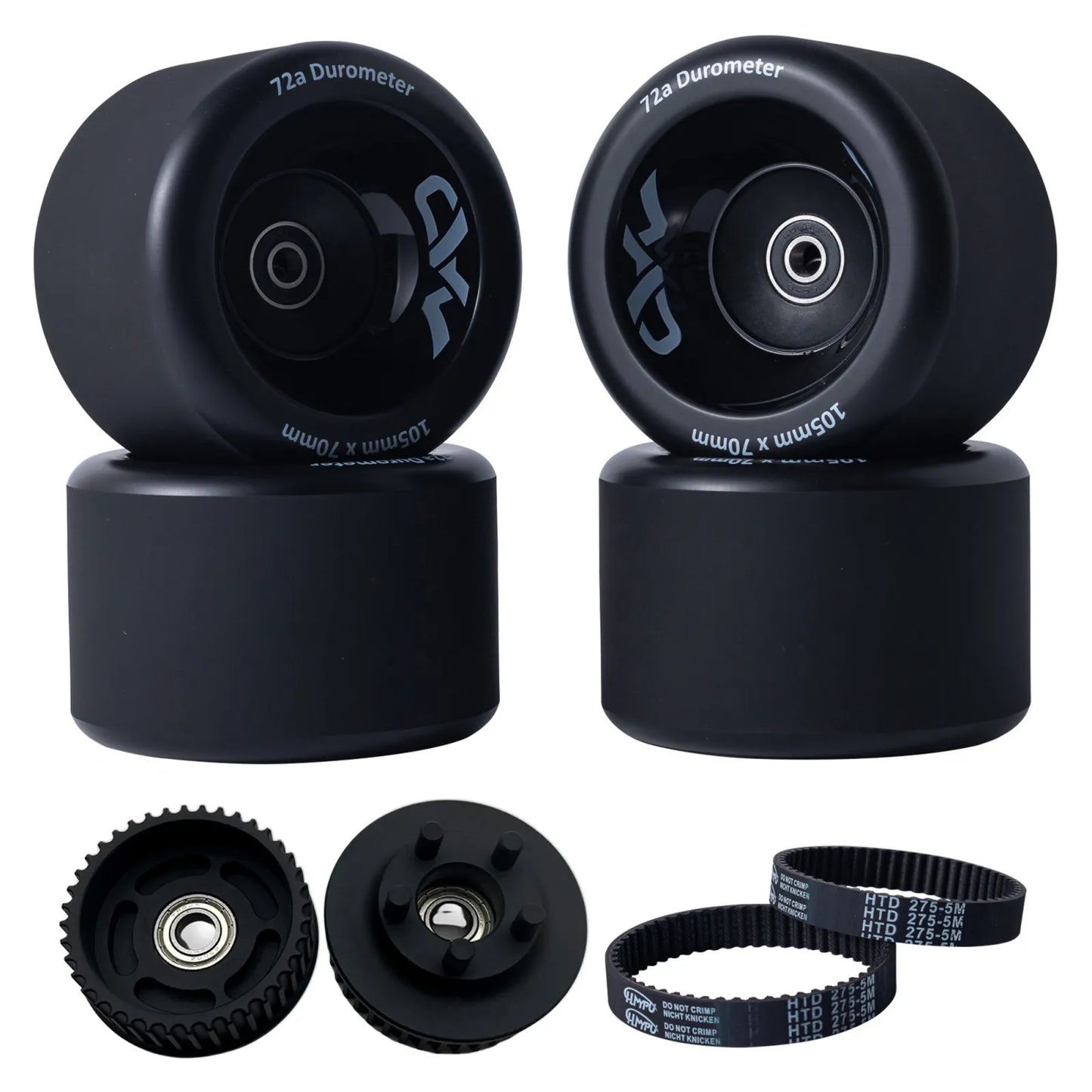105mm Mad Wheels V2 belt drive electric skateboard wheels with 40T CNC Kegel pulleys and 275mm belts