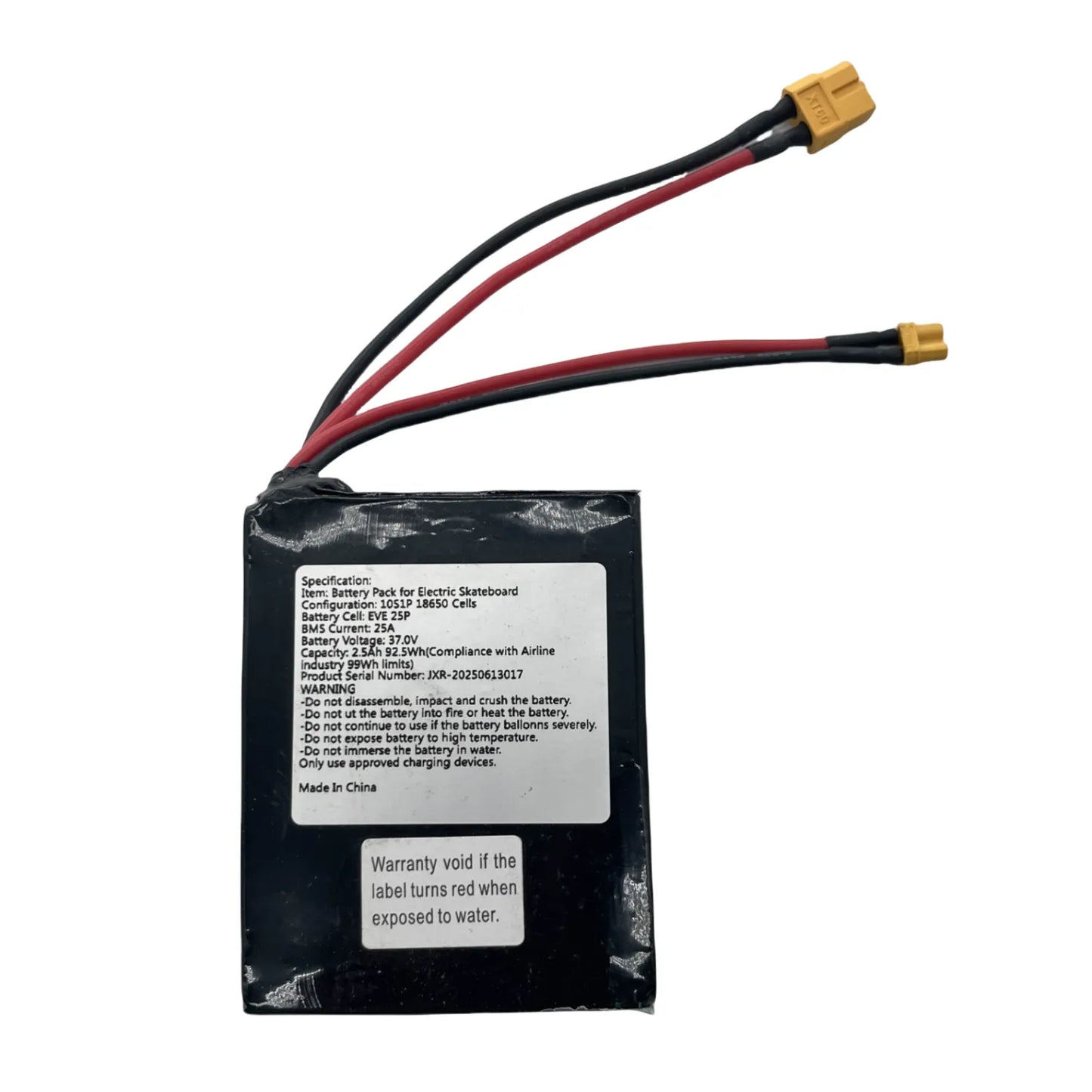 10S1P 2.5Ah 92.5Wh airline friendly slave battery pack for electric skateboard front view