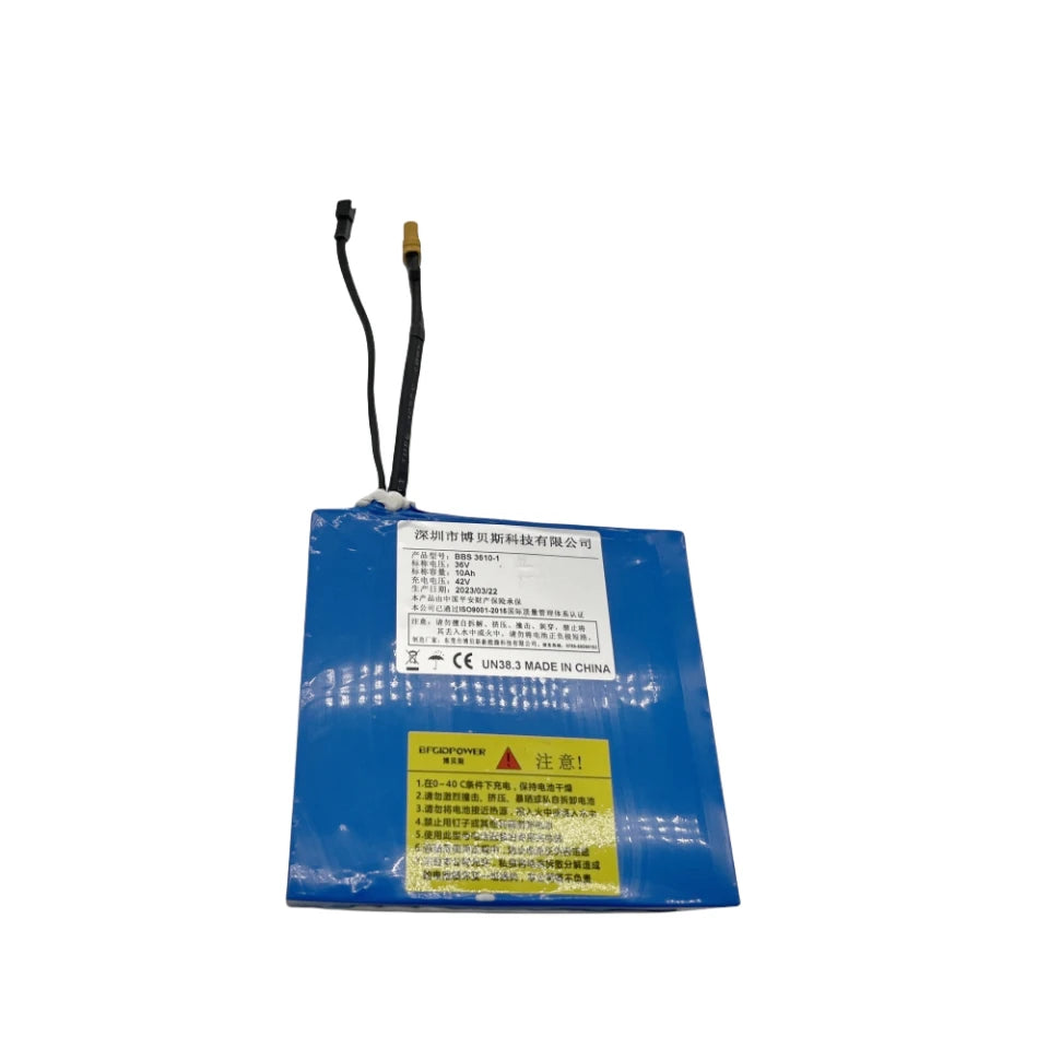 10S2P electric skateboard battery pack showing safety label and wiring