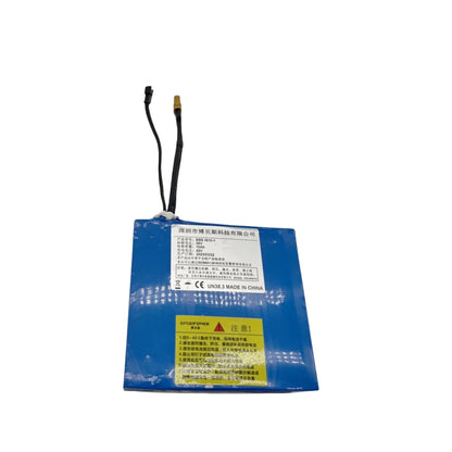 10S2P electric skateboard battery pack showing safety label and wiring
