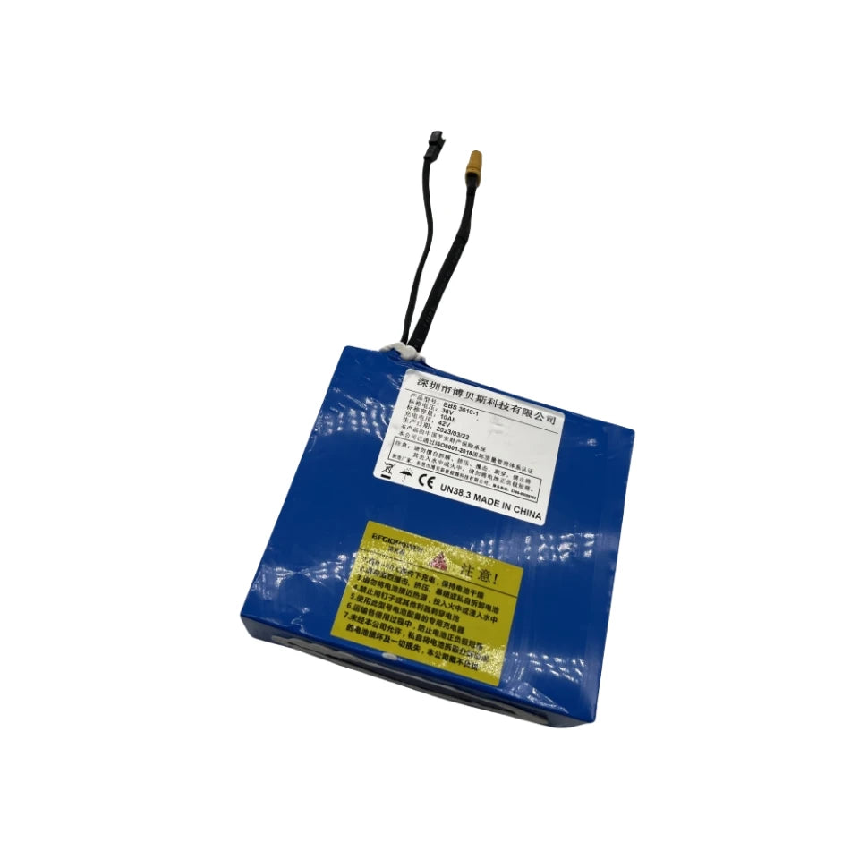 Angled view of 10S2P electric skateboard battery pack with output connectors