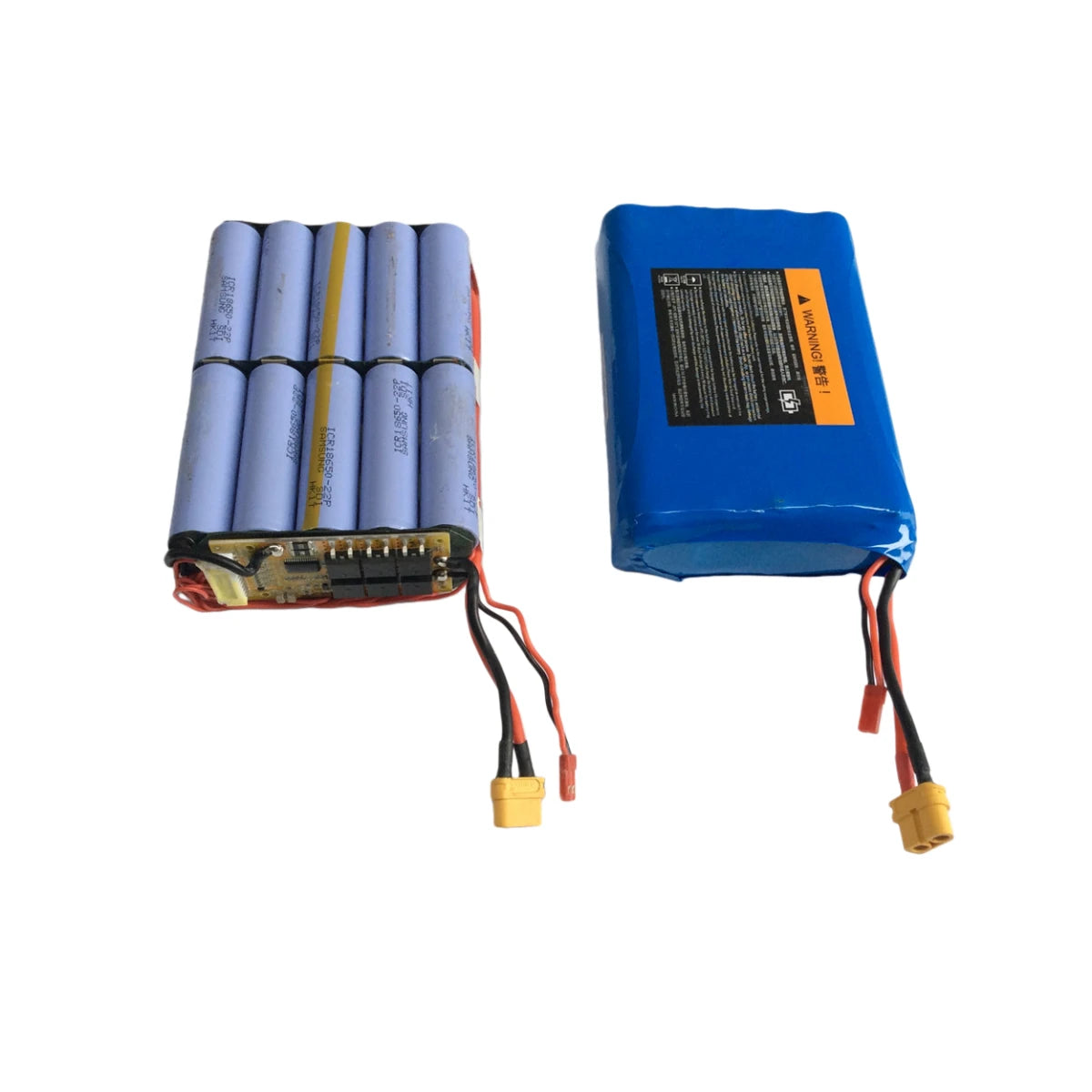 Electric skateboard battery pack showing 10S2P 18650 cell layout and PVC wrapped pack
