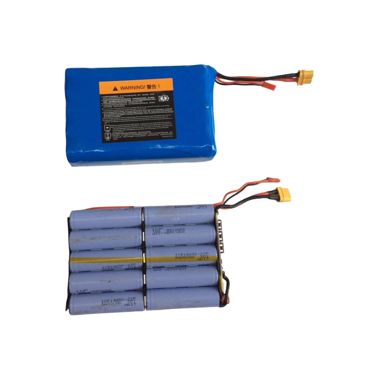 10S2P electric skateboard battery pack shown with PVC wrap and exposed 18650 cells