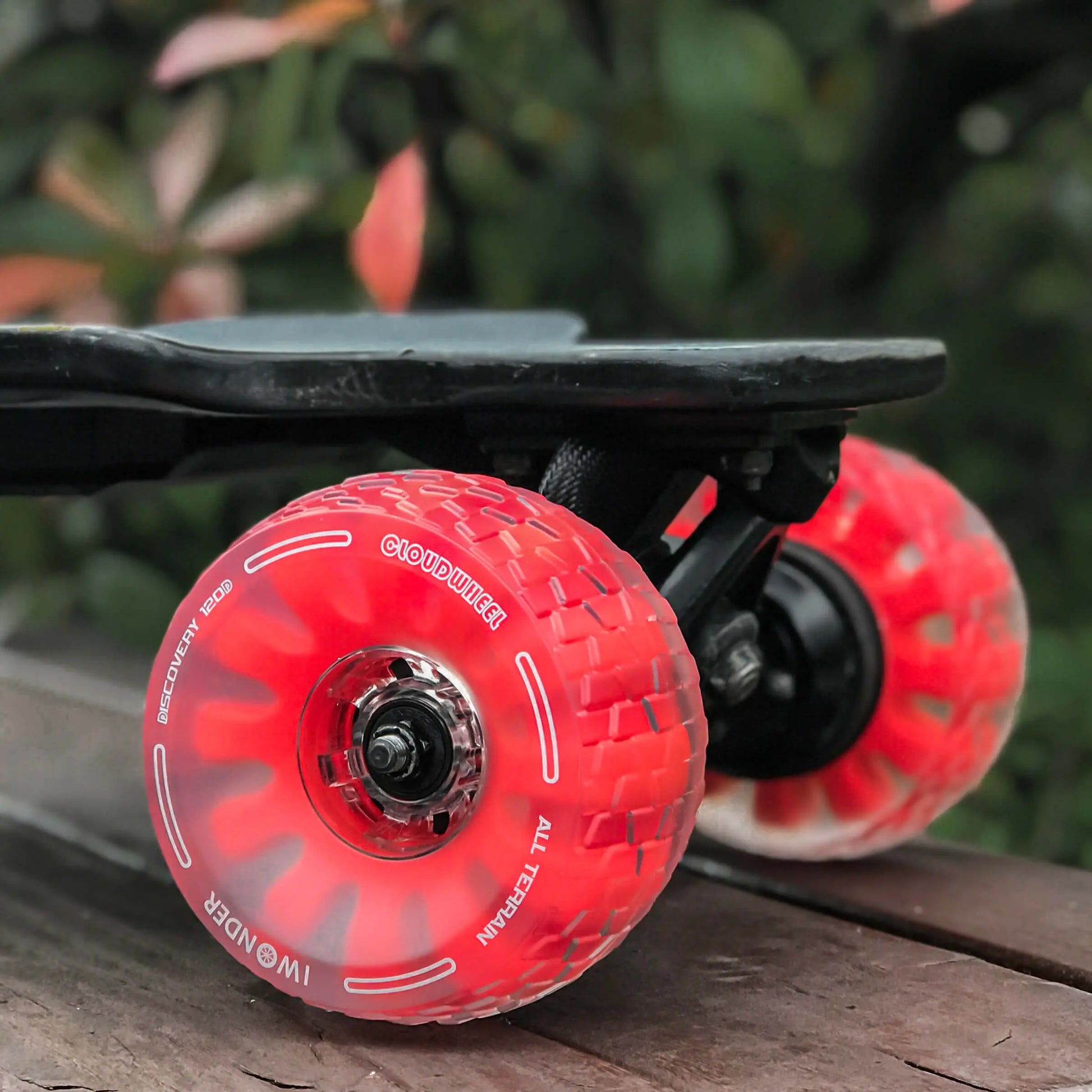 Red 120mm Cloud Wheels installed on electric skateboard for smooth and comfortable ride