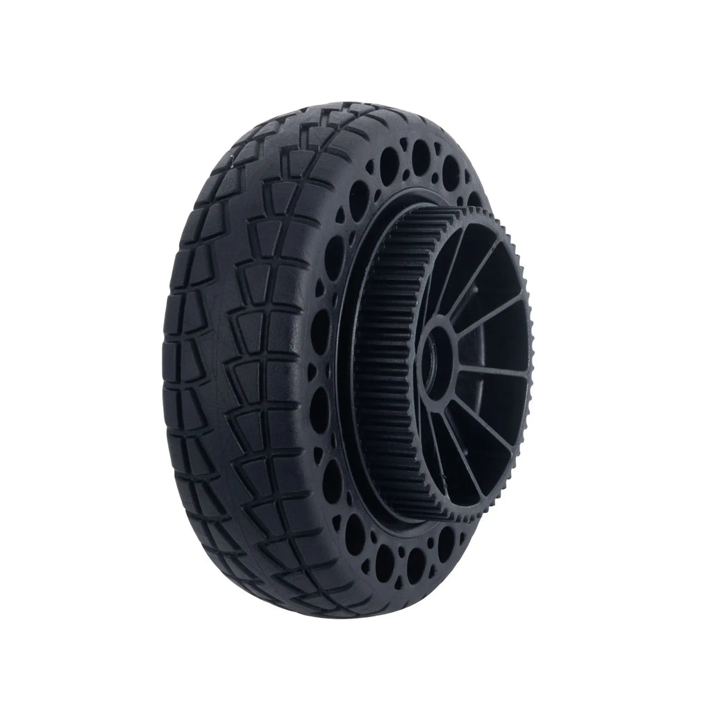 Close up of 160mm airless electric skateboard motor wheel for belt drive systems
