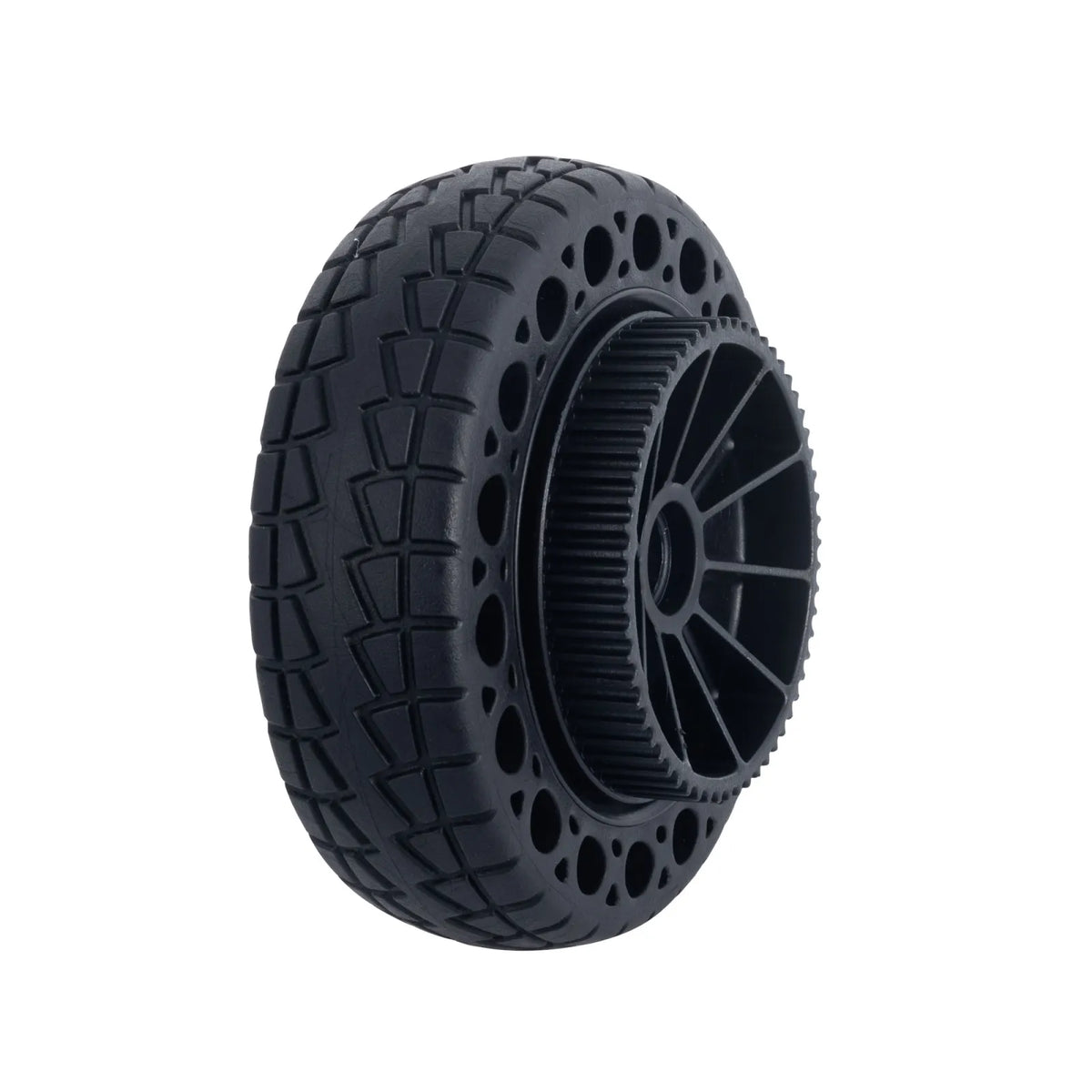 Close up of 160mm airless electric skateboard motor wheel for belt drive systems
