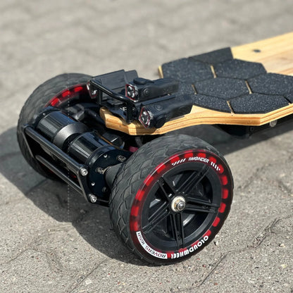 165mm Cloudwheel Rover wheels installed on electric skateboard motor mount side view