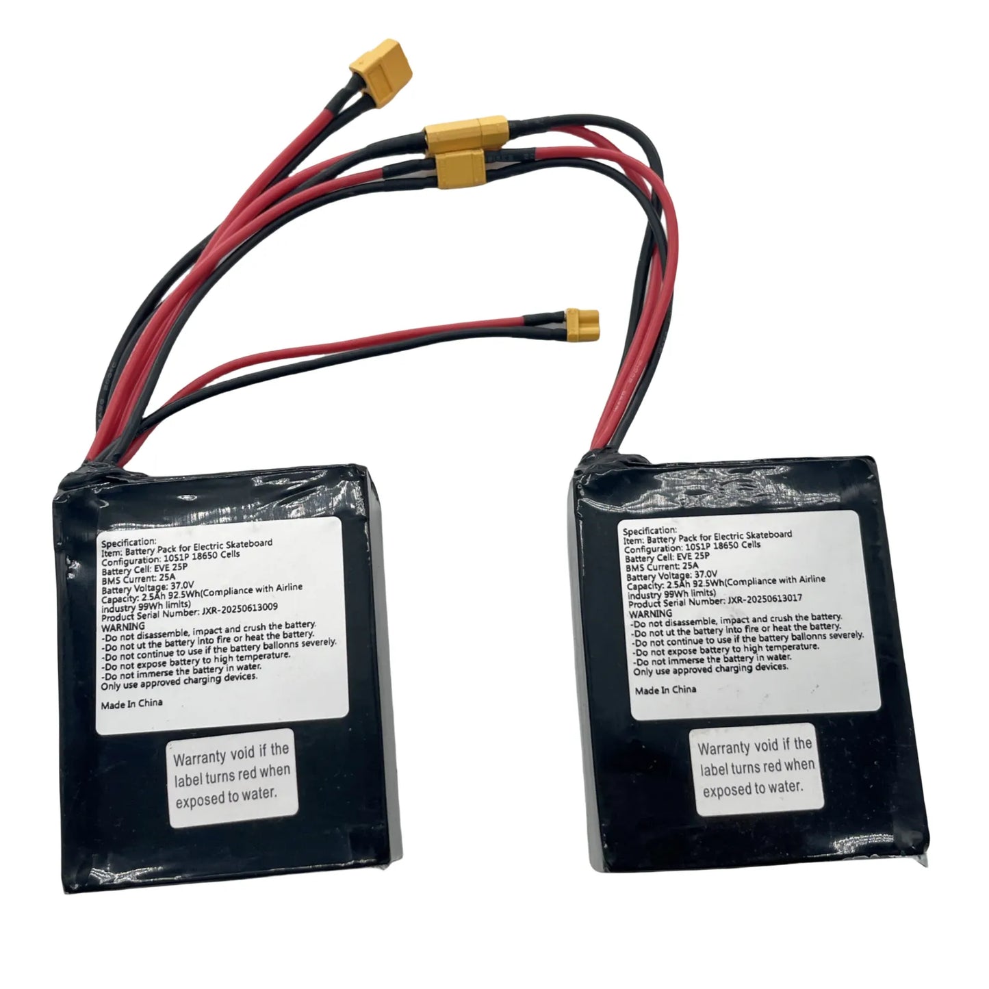 Two 92.5Wh airline friendly batteries connected in series forming 185Wh battery pack for electric skateboard
