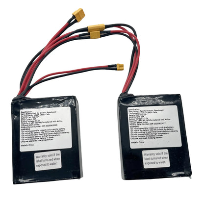 Two 92.5Wh airline friendly batteries connected in series forming 185Wh battery pack for electric skateboard