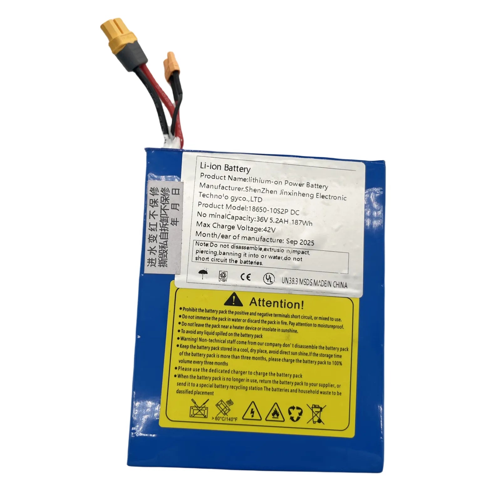 36V 5.2Ah 187Wh 10S2P lithium-ion battery pack with safety warning label for electric skateboard