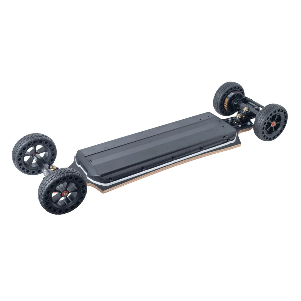All terrain electric skateboard battery enclosure paired with 160mm airless wheels, built for durable off road performance