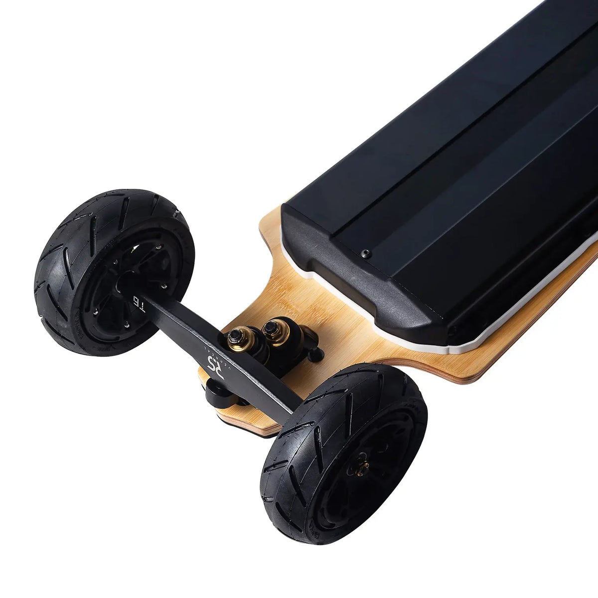 Detailed view of the 150mm pneumatic tires and DKP trucks on an all terrain electric skateboard.