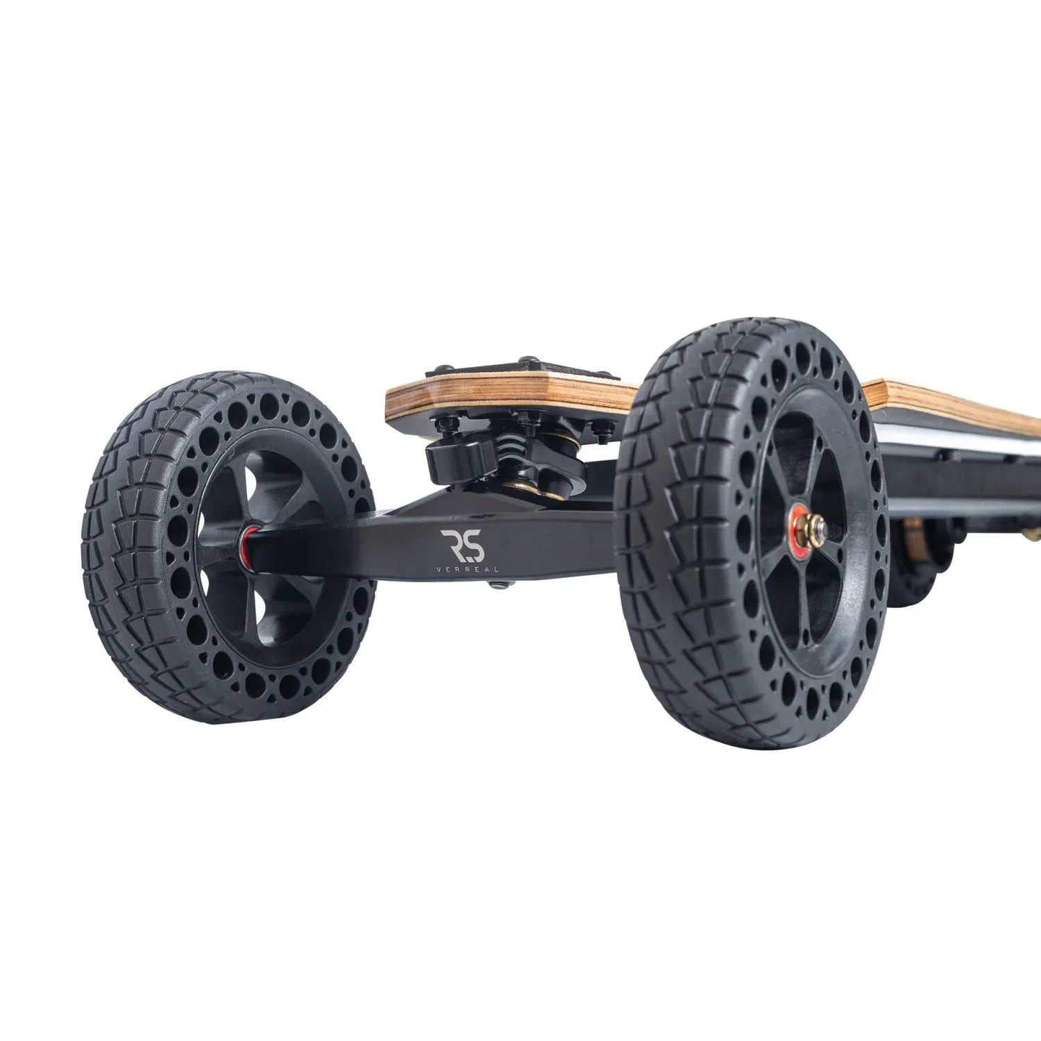 Side profile of an all terrain electric skateboard using 160mm airless wheels for puncture-proof off road riding