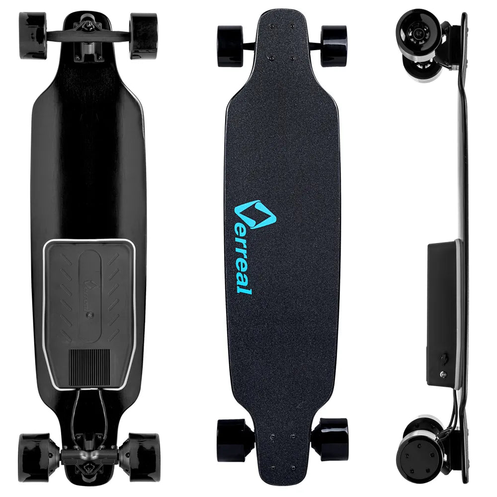 Verreal F1 Max: The best budget electric skateboard for beginners, showing top and bottom views.