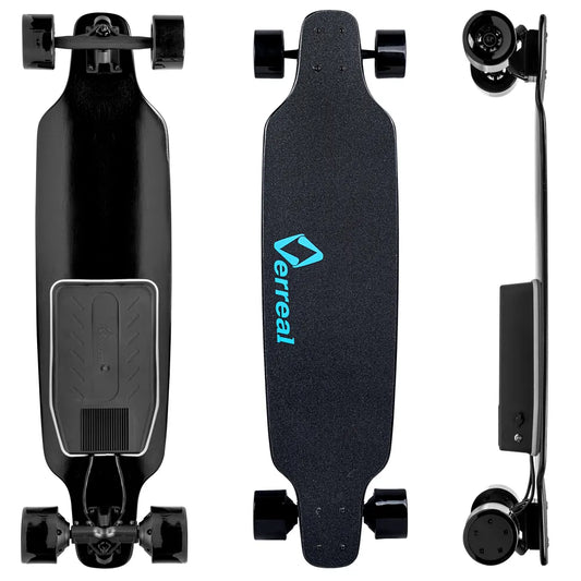 Verreal F1 Max: The best budget electric skateboard for beginners, showing top and bottom views.