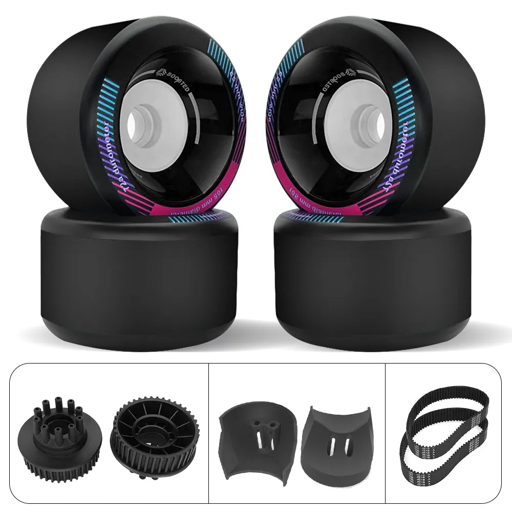 Boosted 105mm electric skateboard wheels kit with 40T Kegel pulleys, belts and belt covers
