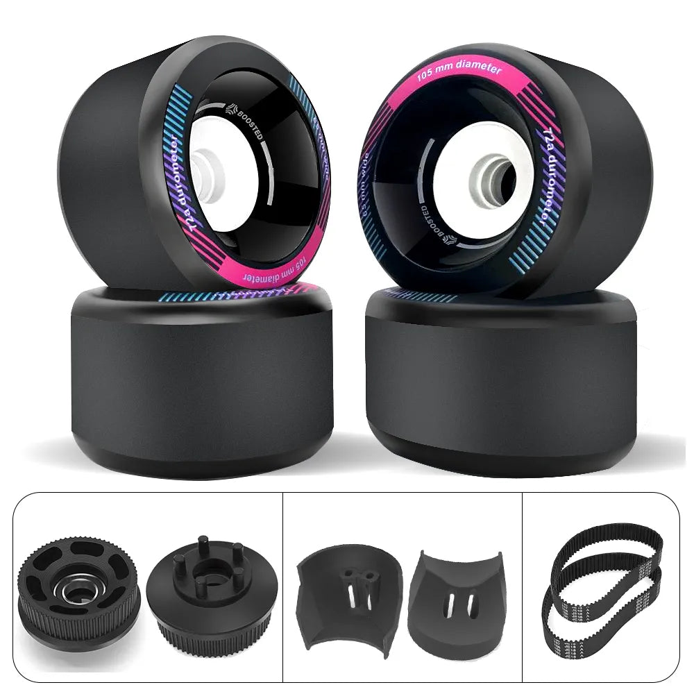 Boosted 105mm wheels with CNC 60T Kegel pulleys, belts and belt covers for electric skateboards