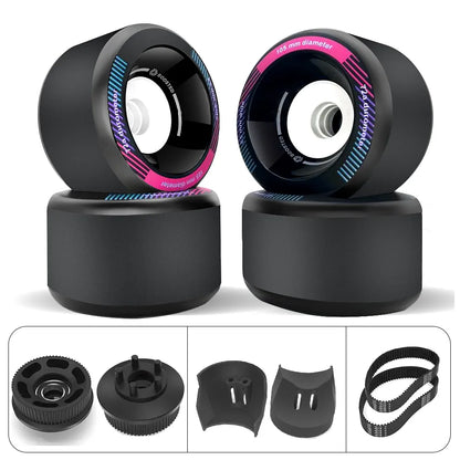 Boosted 105mm wheels with CNC 60T Kegel pulleys, belts and belt covers for electric skateboards