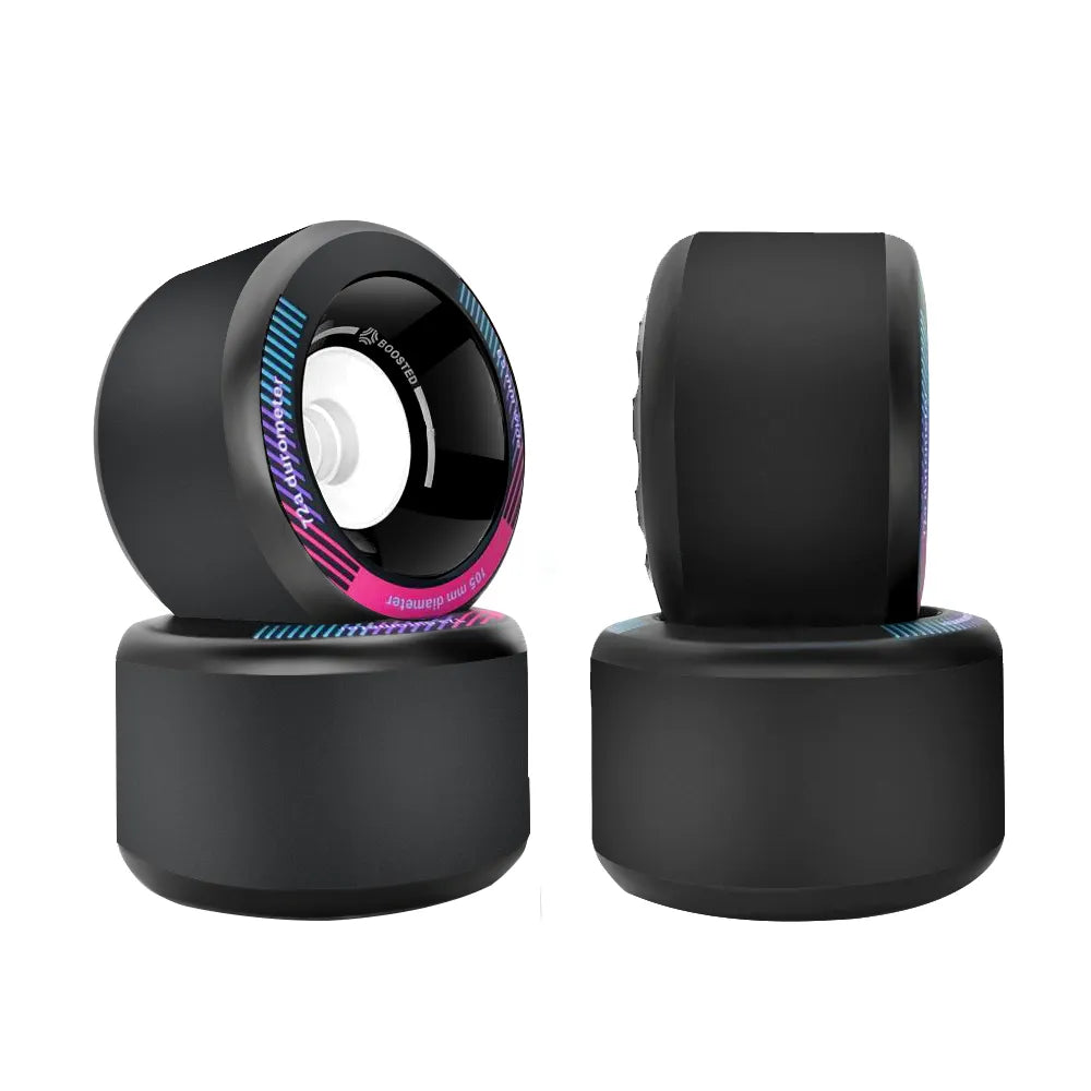 Boosted 105mm wheels highlighting wide contact patch for electric skateboards