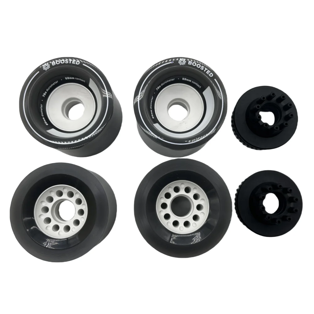 Front and back view of Boosted 85mm wheels with 36T Kegel pulley system