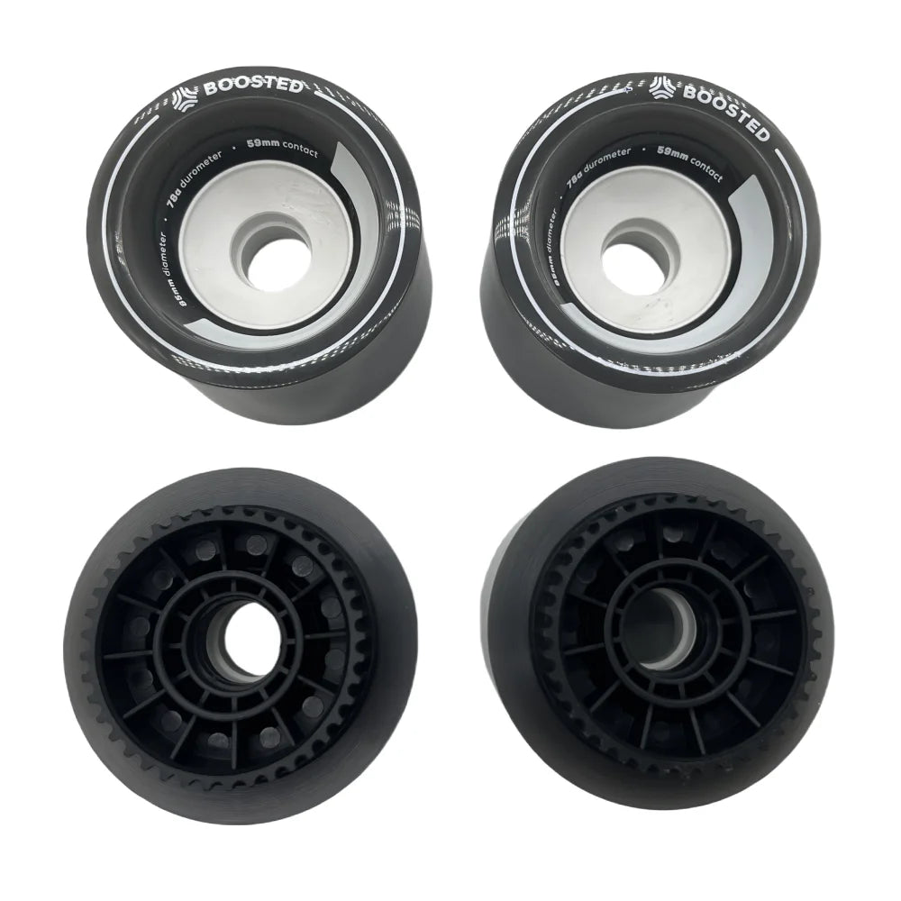 Boosted 85mm skateboard wheels showing Kegel core and pulley interface