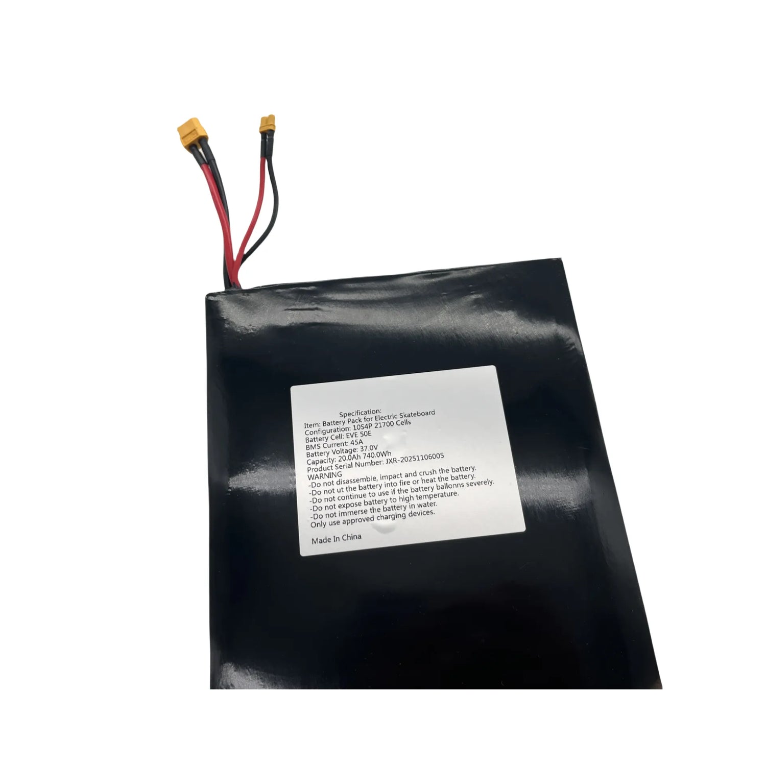 High-performance 20Ah 740Wh electric skateboard battery pack for Verreal RS Neo, 10S4P 37V configuration with EVE 50E 21700 cells