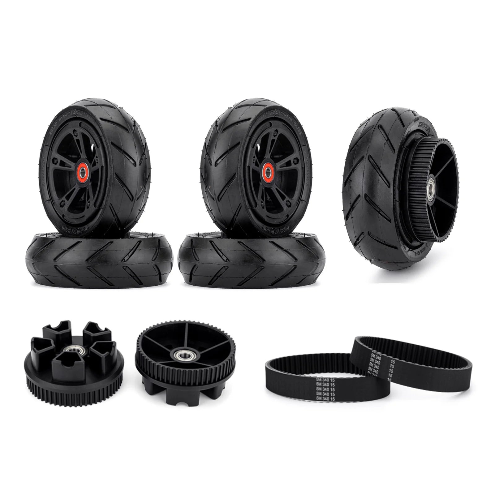 Electric skateboard pneumatic wheels kit with Kegel pulleys and belts, including full wheel set and spare wheel