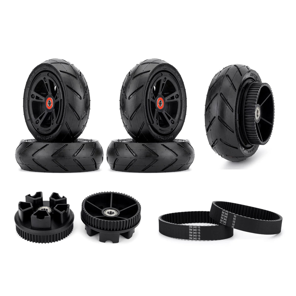 Electric skateboard pneumatic wheels kit with Kegel pulleys and belts, including full wheel set and spare wheel