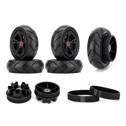 Electric skateboard pneumatic wheels kit with Kegel pulleys and belts, including full wheel set and spare wheel