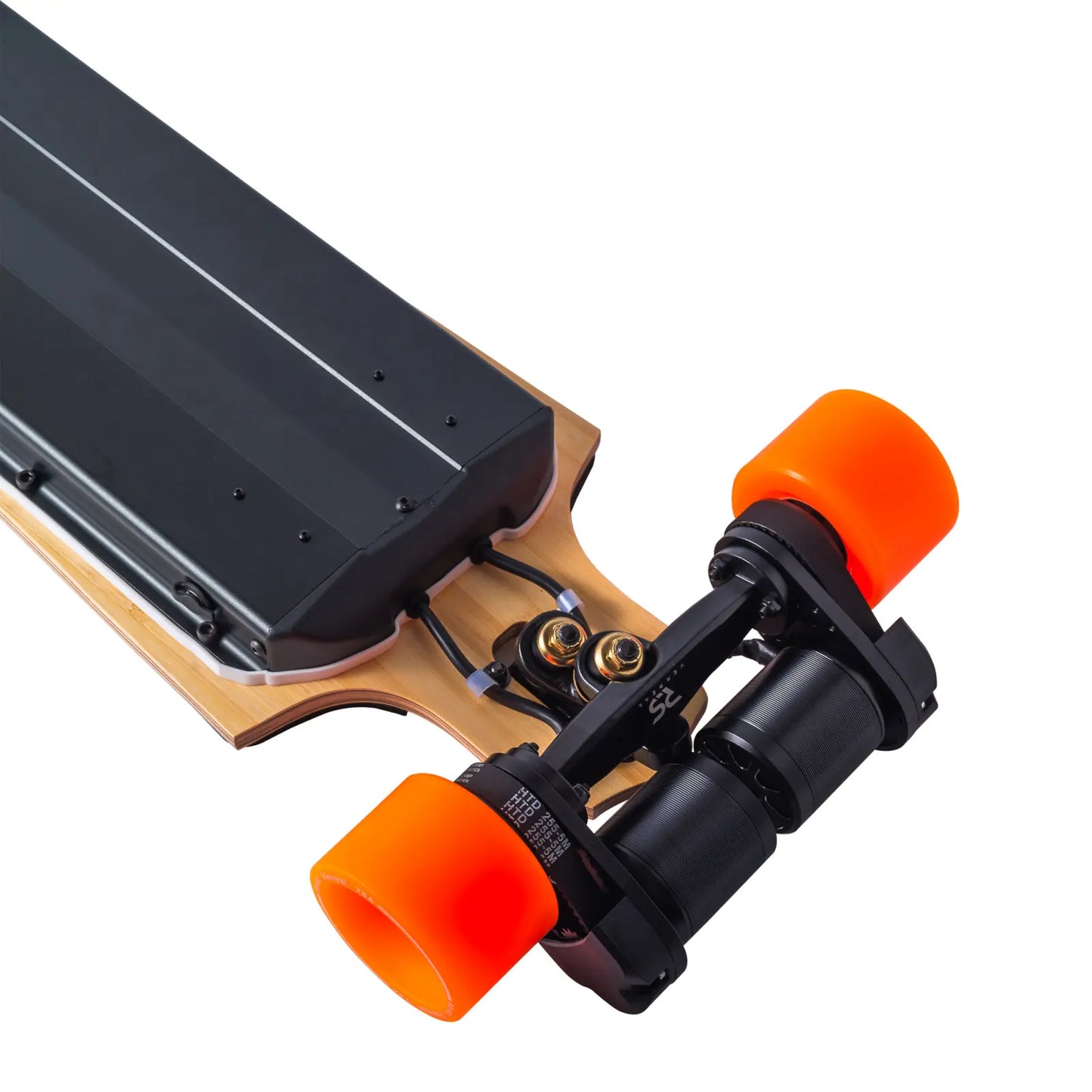 High-performance electric skateboard featuring dual 6374 170KV motors and 66A continuous current ESC.