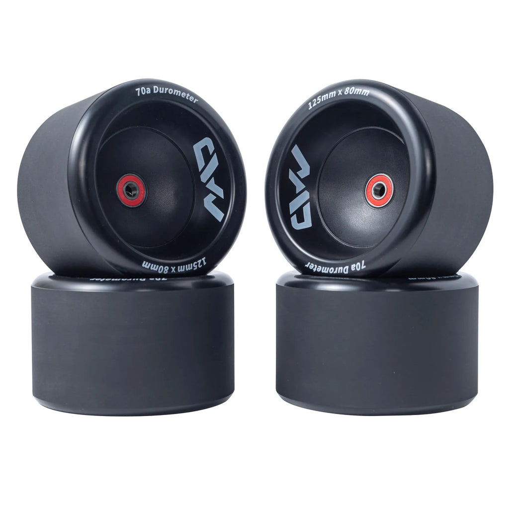 Mad Max 125mm Wheels complete set showing 125mm x 80mm size and 70a durometer for smooth and comfortable electric skateboard riding