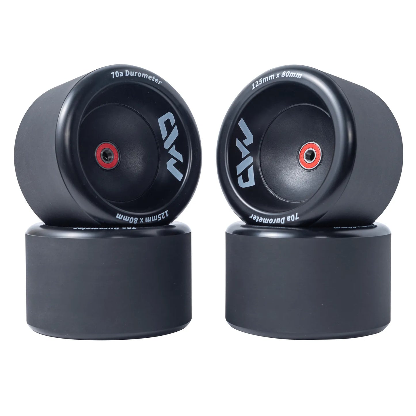 Mad Max 125mm Wheels complete set showing 125mm x 80mm size and 70a durometer for smooth and comfortable electric skateboard riding