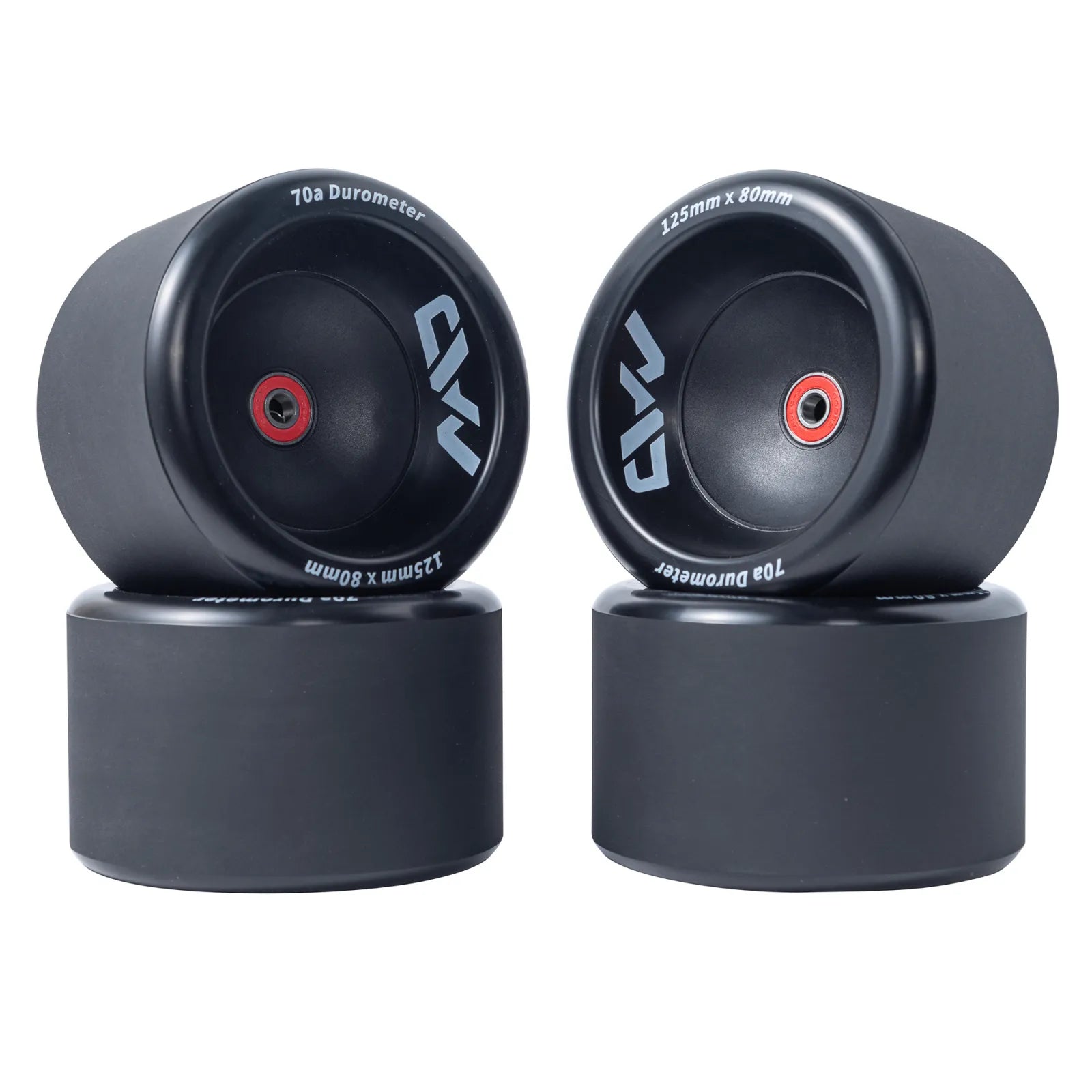 Mad Max 125mm Wheels complete set showing 125mm x 80mm size and 70a durometer for smooth and comfortable electric skateboard riding