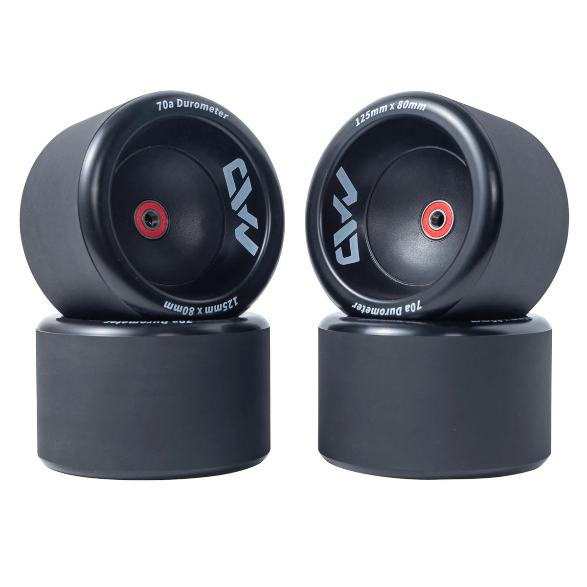 Mad Max 125mm Wheels complete set showing 125mm x 80mm size and 70a durometer for smooth and comfortable electric skateboard riding
