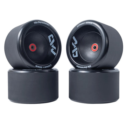 Mad Max 125mm Wheels complete set showing 125mm x 80mm size and 70a durometer for smooth and comfortable electric skateboard riding