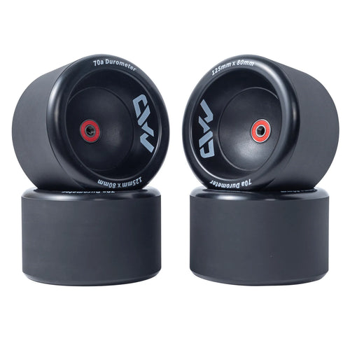 Mad Max 125mm Wheels complete set showing 125mm x 80mm size and 70a durometer for smooth and comfortable electric skateboard riding
