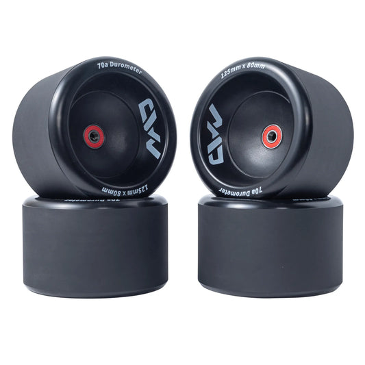 Mad Max 125mm Wheels complete set showing 125mm x 80mm size and 70a durometer for smooth and comfortable electric skateboard riding