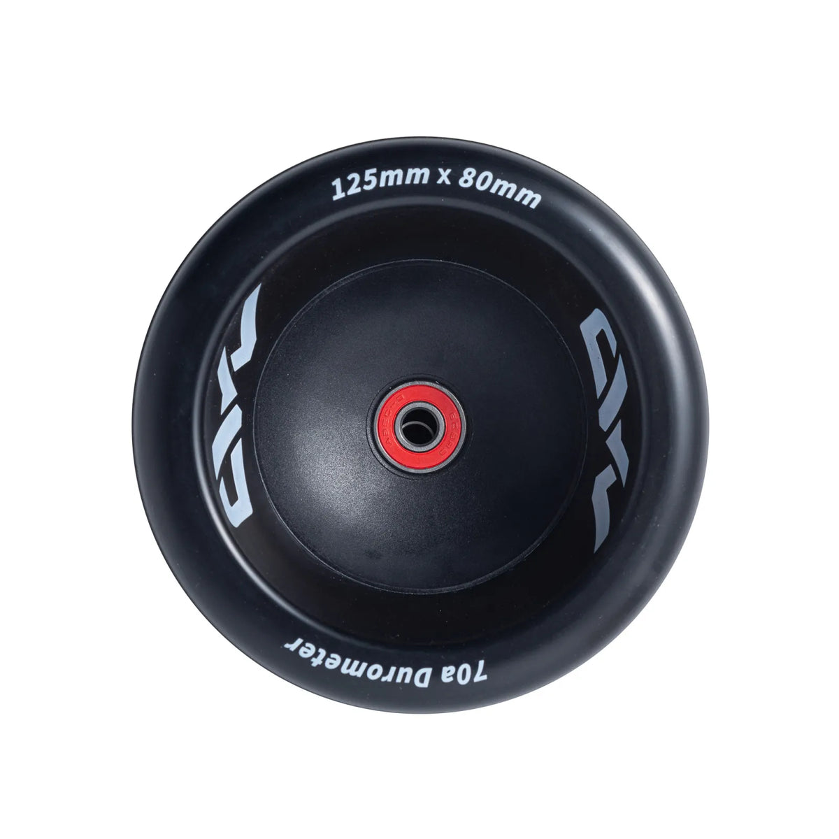Front view of Mad Max 125mm Wheels showing precision bearing seat and 70a durometer for stable everyday riding