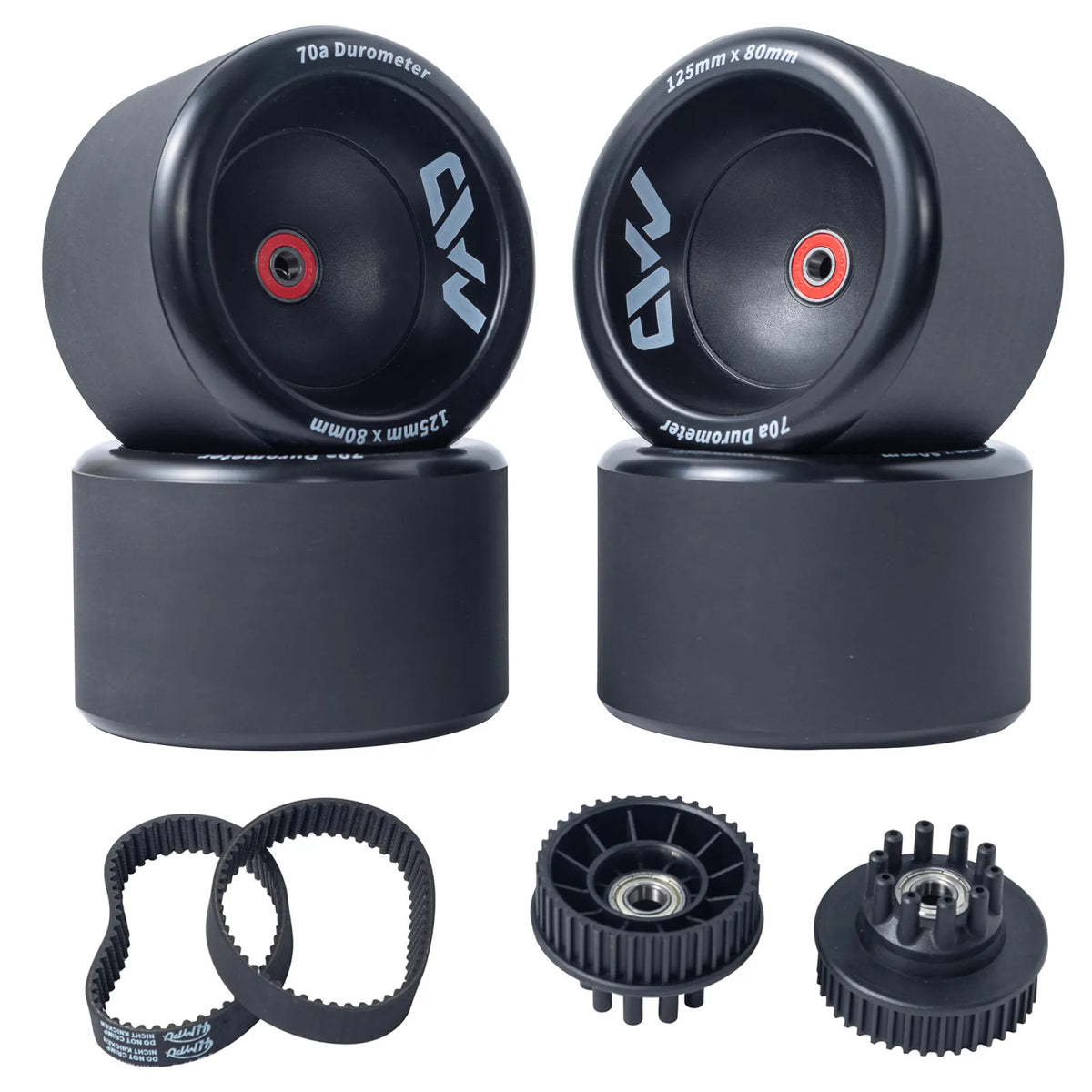 Mad Max 125mm Wheels kit including wheels, belts, and pulleys designed for durability and everyday electric skateboard use