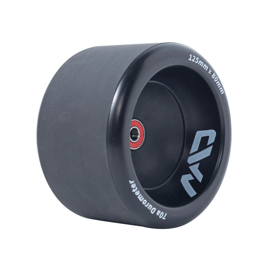 Side profile of Mad Max 125mm Wheels highlighting 125mm x 80mm size for improved comfort and smoother rides