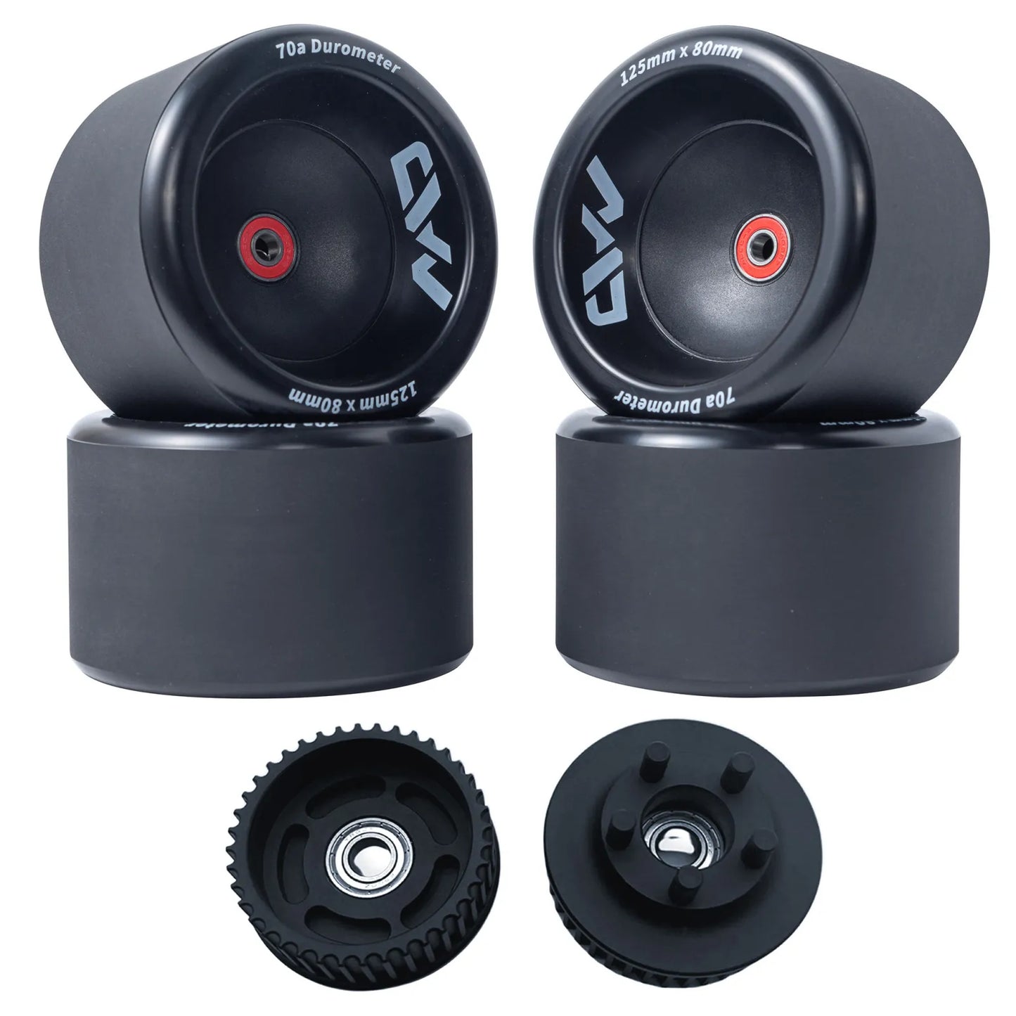 Mad Max 125mm Wheels set with four 125mm x 80mm wheels and two CNC 40T pulleys designed for durable and stable electric skateboard drive systems