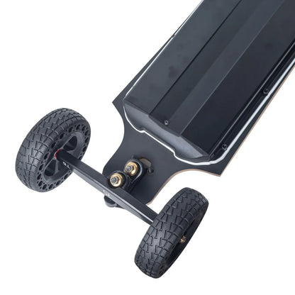 Front truck detail of an off road electric skateboard equipped with 160mm airless wheels for maintenance-free all terrain use