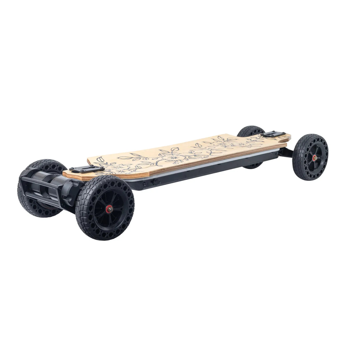 Off road electric skateboard with increased ground clearance and airless wheels for riding on uneven terrain
