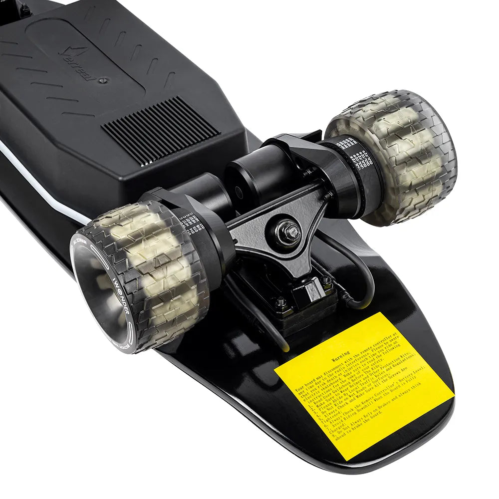 Rear view of Verreal ACE dual belt motors and 105mm Cloudwheels, designed as a powerful electric skateboard for commuting and urban travel.