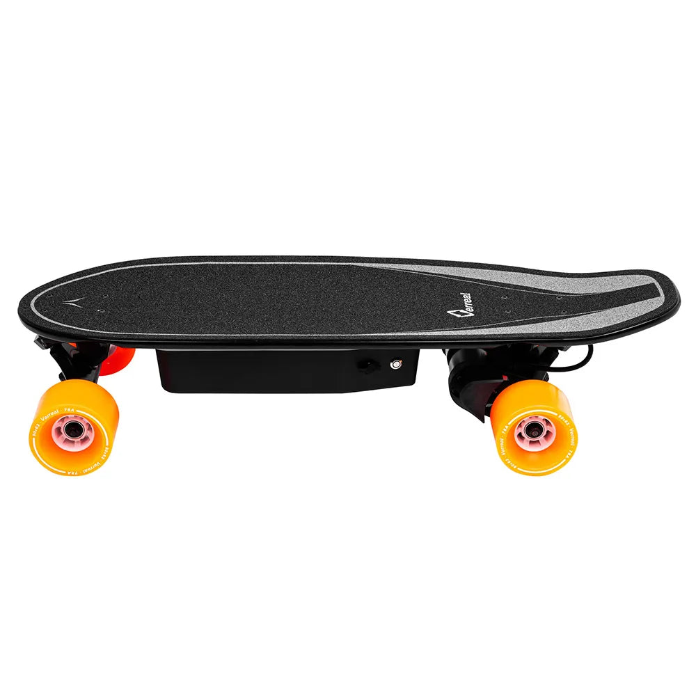 Low-angle profile of Verreal ACE with 90mm wheels, emphasizing its low center of gravity and agility as an electric skateboard for commuting.