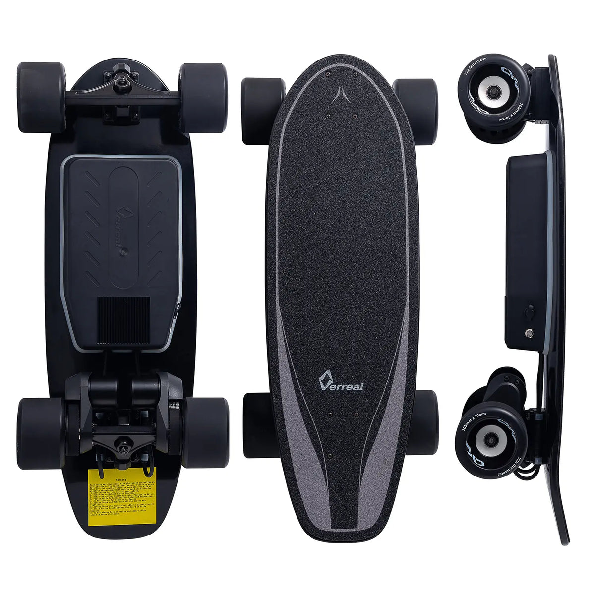 Triple view of Verreal ACE mini electric skateboard with 105mm Mad Wheels V2, showcasing a portable electric skateboard for college students.