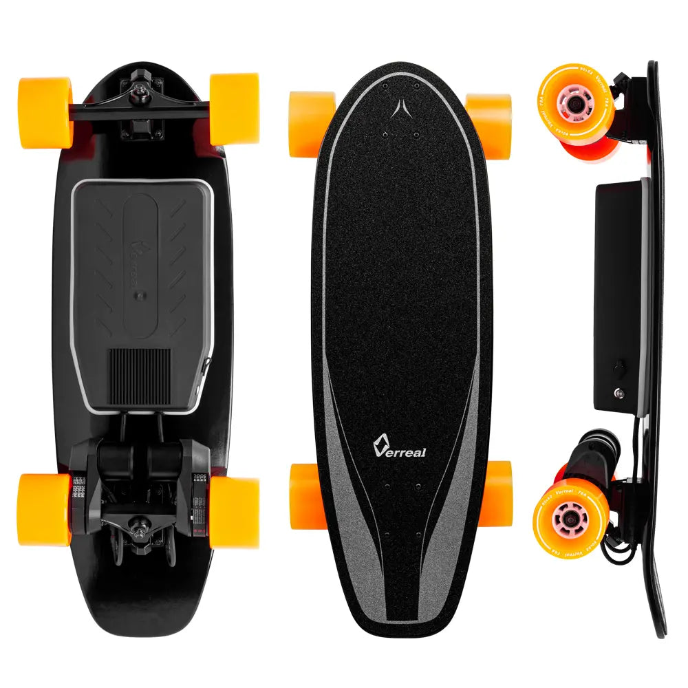 Full overview of Verreal ACE mini electric skateboard with 90mm PU wheels, showing a compact design for portable electric skateboard college use.
