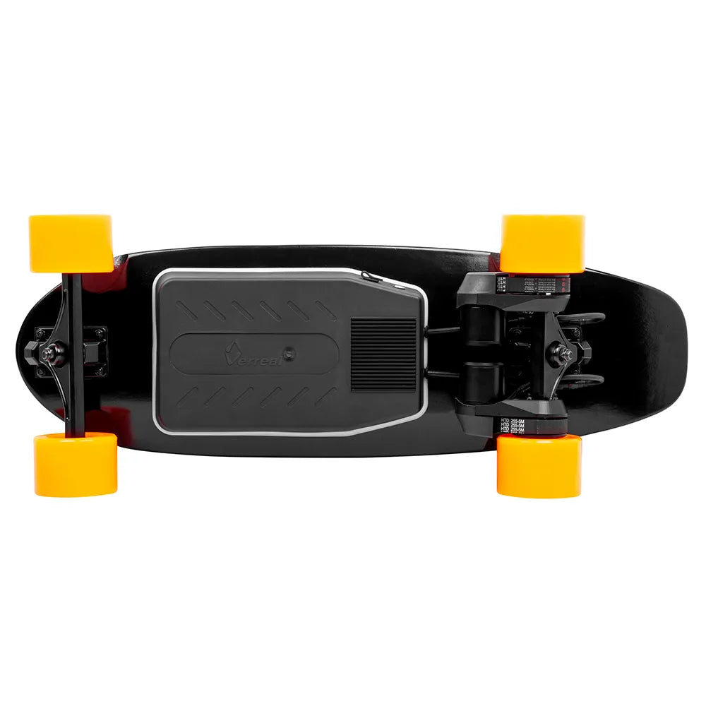 Bottom view of Verreal ACE chassis and 90mm PU wheels, showcasing the slim battery pack of this portable electric skateboard for college students.